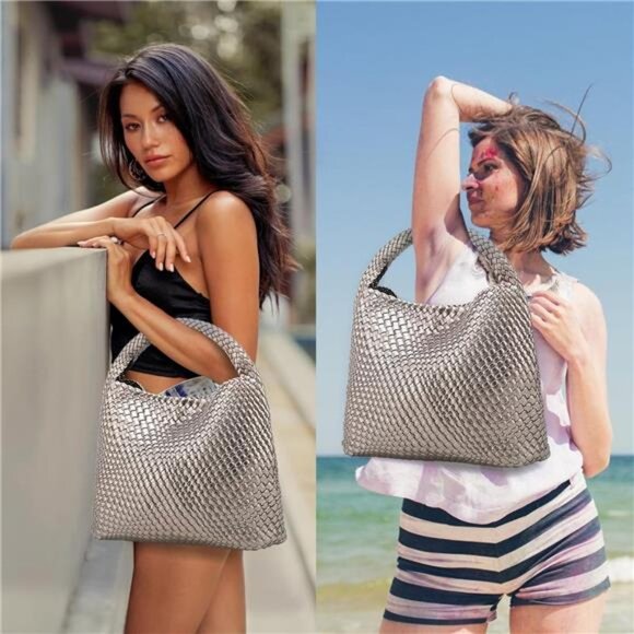 Woven Tote Bag for Women B - Silver - Picture 2 of 6